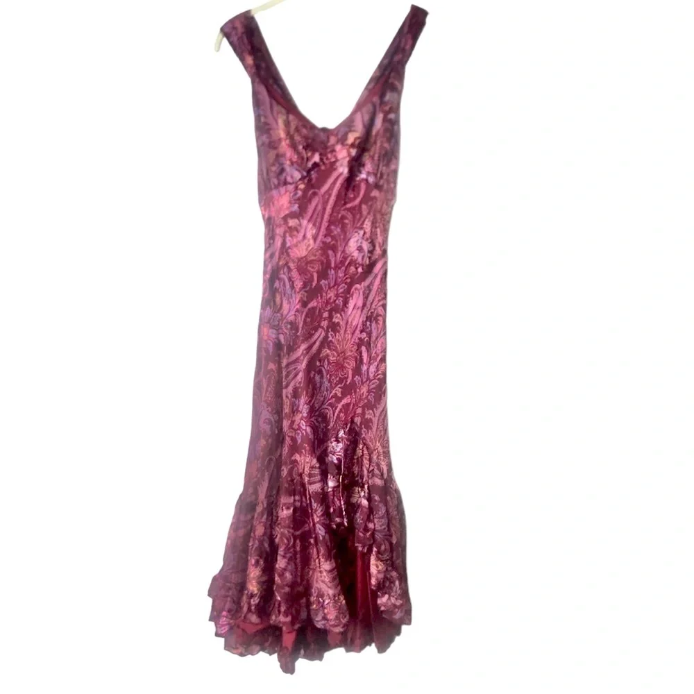 Rare Bellablu Silk Layered Ruffle Paisley Sleeveless Shimmery Maxi Dress